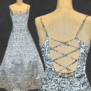 VINTAGE 90s silver shimmer‎ corset lace up prom dress formal gown maxi strappy S